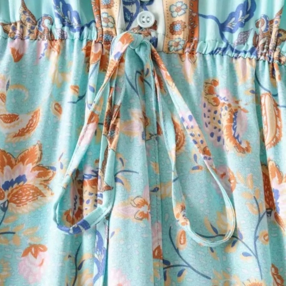 Bohemian Floral Light Blue Long Sleeve Dress - Picture 7 of 13